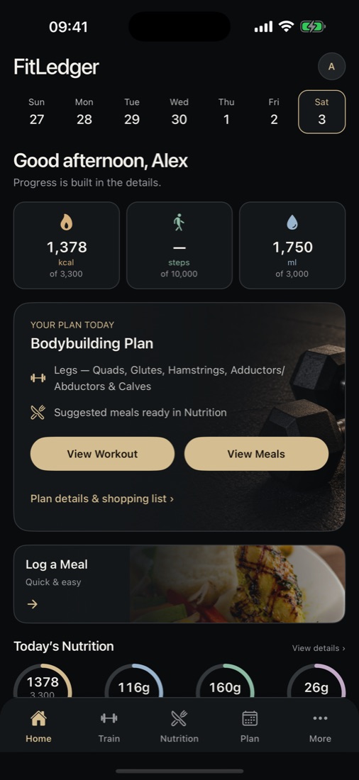 FitLedger home screen showing today's calories, water and the active Bodybuilding plan